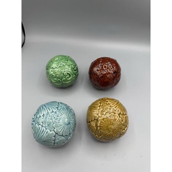 Set of 4 Embossed Ceramic Decorative Balls – Floral & Scroll Design, 3” - Picture 1 of 4
